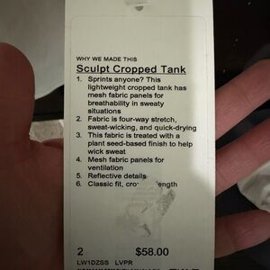 Lululemon NWT size 2 Sculpt Cropped Tank